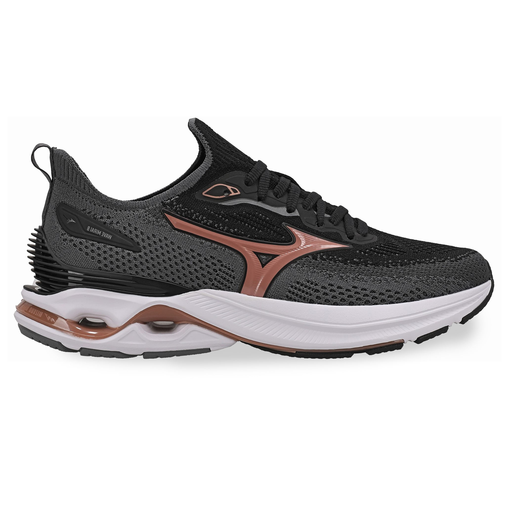 Tênis Mizuno Wave Mirai 8 Feminino preto com detalhes rosa e bronze, vista lateral mostrando design de onda e solado branco